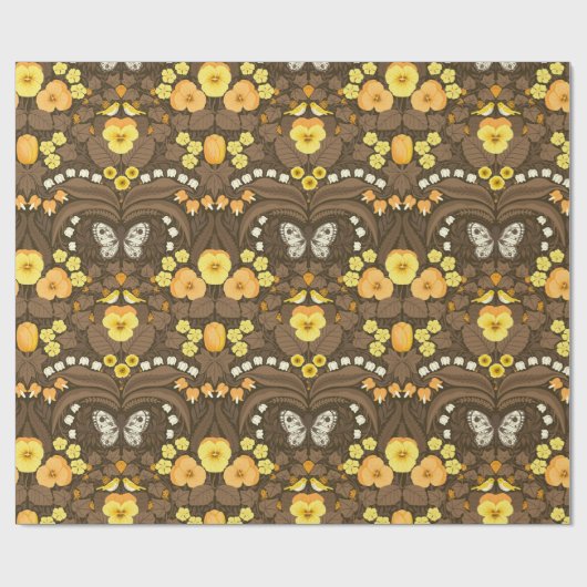 Gele pansies, vogels en vlinders cadeaupapier (Vlak)