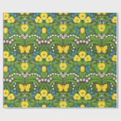 Gele pansies, vogels en vlinders cadeaupapier (Vlak)