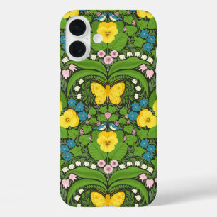 Gele pansies, vogels en vlinders iPhone 16 plus hoesje