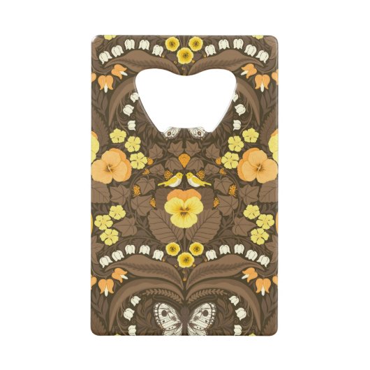Gele pansies, vogels en vlinders creditkaart flessenopener (Voorkant)