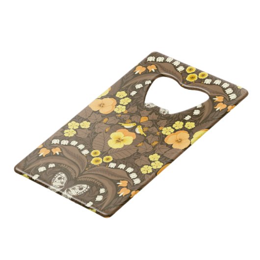 Gele pansies, vogels en vlinders creditkaart flessenopener (Voorkant Gekanteld)