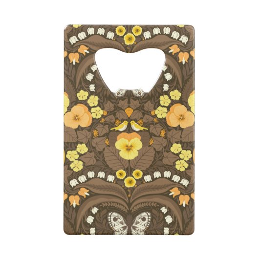 Gele pansies, vogels en vlinders creditkaart flessenopener (Achterkant)