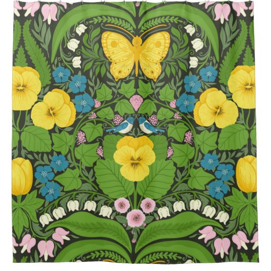 Gele pansies, vogels en vlinders douchegordijn (Voorkant)