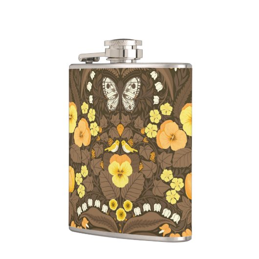 Gele pansies, vogels en vlinders heupfles (Links)