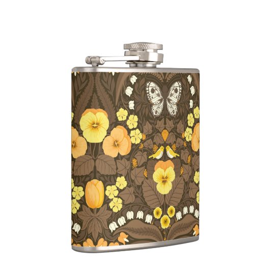 Gele pansies, vogels en vlinders heupfles (Rechts)