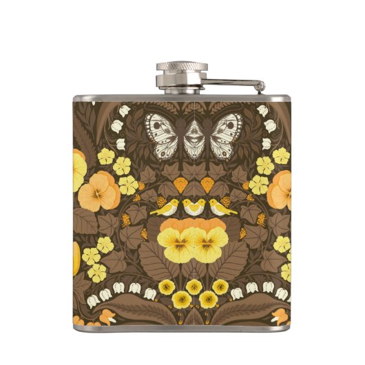 Gele pansies, vogels en vlinders heupfles (Achterkant)