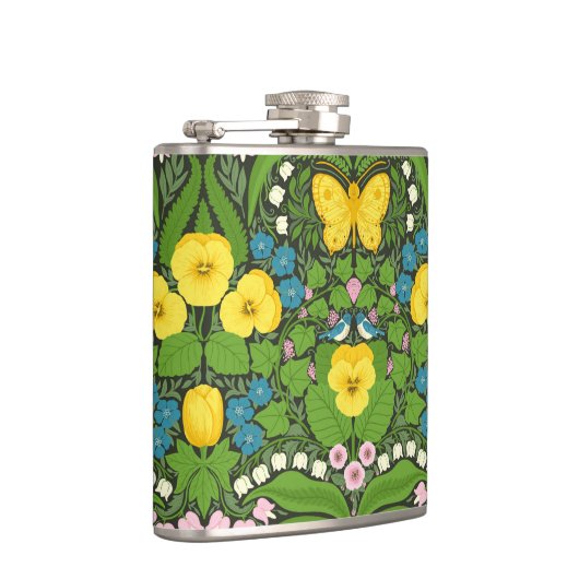 Gele pansies, vogels en vlinders heupfles (Rechts)