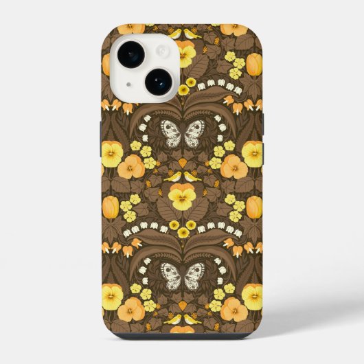Gele pansies, vogels en vlinders iPhone hoesje (Achterkant)