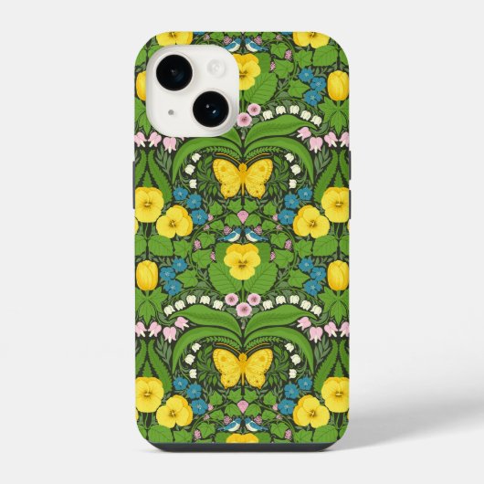 Gele pansies, vogels en vlinders iPhone hoesje (Achterkant)