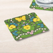 Gele pansies, vogels en vlinders kartonnen onderzetters (Schuin)