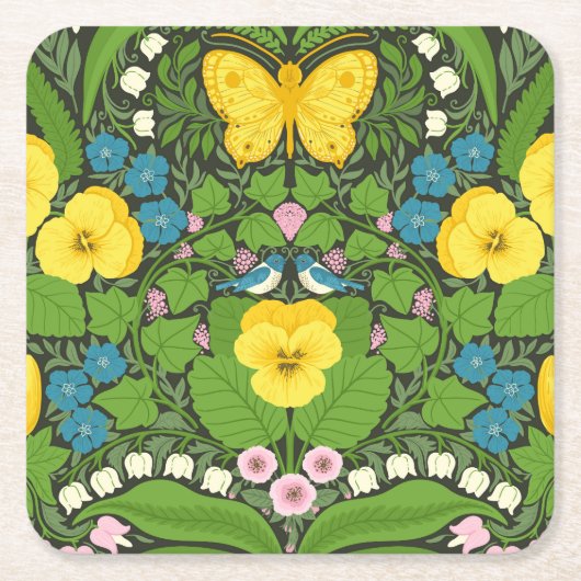 Gele pansies, vogels en vlinders kartonnen onderzetters (Voorkant)