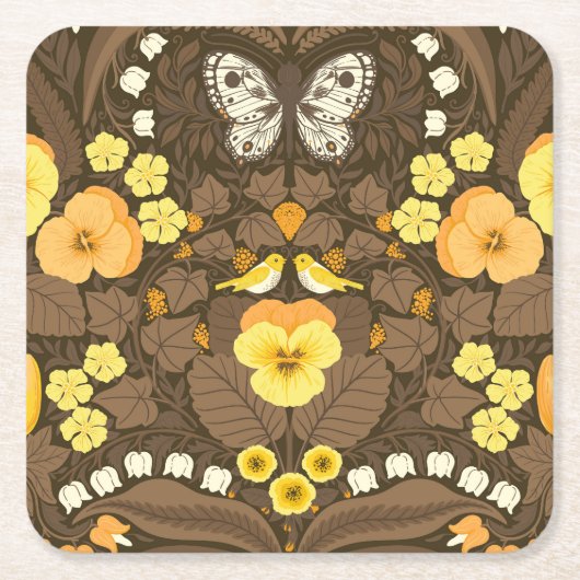 Gele pansies, vogels en vlinders kartonnen onderzetters (Voorkant)