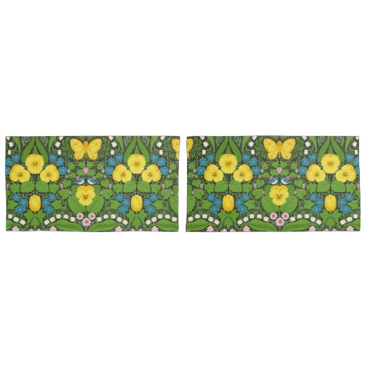 Gele pansies, vogels en vlinders kussensloop (Voorkant-Set)