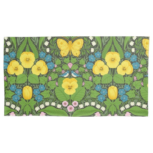 Gele pansies, vogels en vlinders kussensloop (Voorkant-Links)