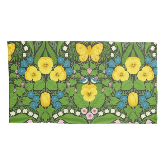 Gele pansies, vogels en vlinders kussensloop (Achterkant-Rechts)