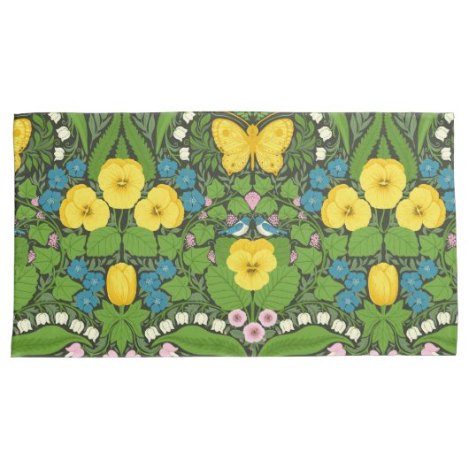 Gele pansies, vogels en vlinders kussensloop (Voorkant-Rechts)