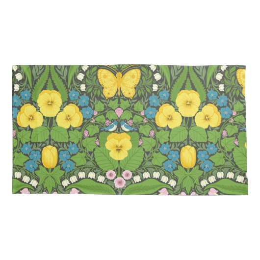Gele pansies, vogels en vlinders kussensloop (Achterkant-Links)