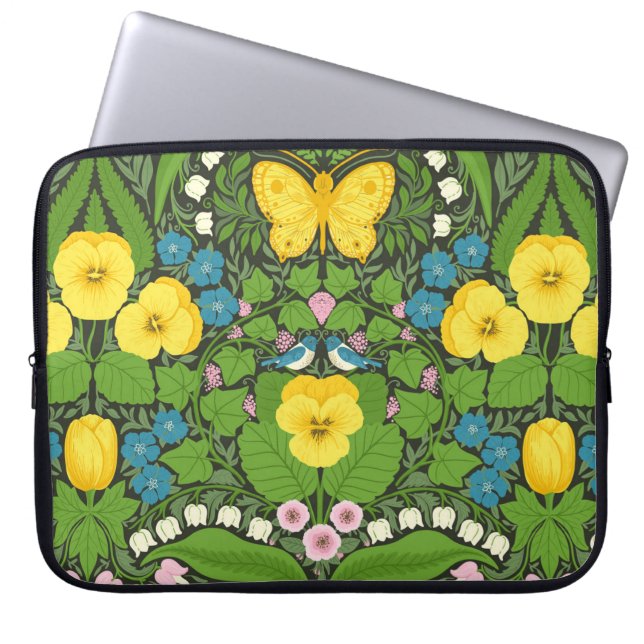 Gele pansies, vogels en vlinders laptop sleeve (Voorkant)
