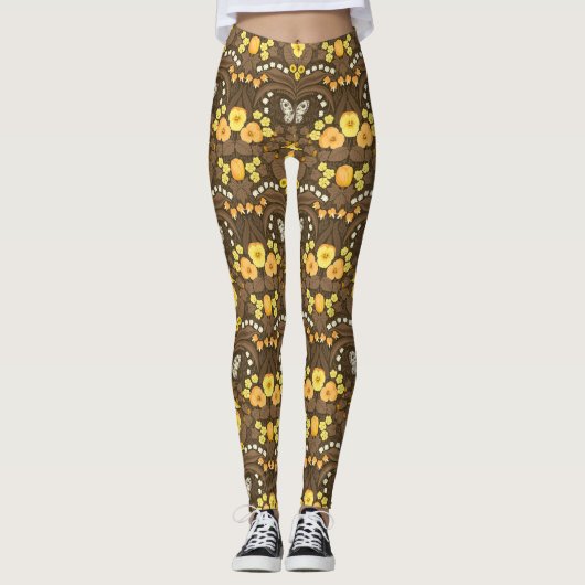 Gele pansies, vogels en vlinders leggings (Voorkant)