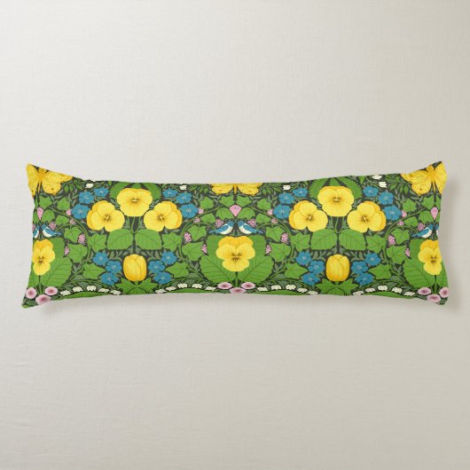 Gele pansies, vogels en vlinders lichaamskussen (Voorkant)