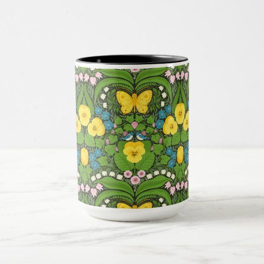 Gele pansies, vogels en vlinders mok (Midden)