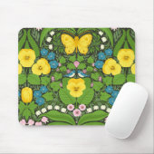 Gele pansies, vogels en vlinders muismat (Met muis)