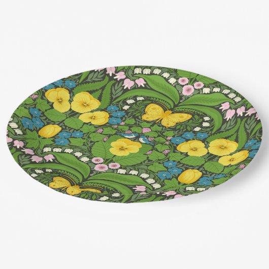 Gele pansies, vogels en vlinders papieren bordje (Gekanteld)