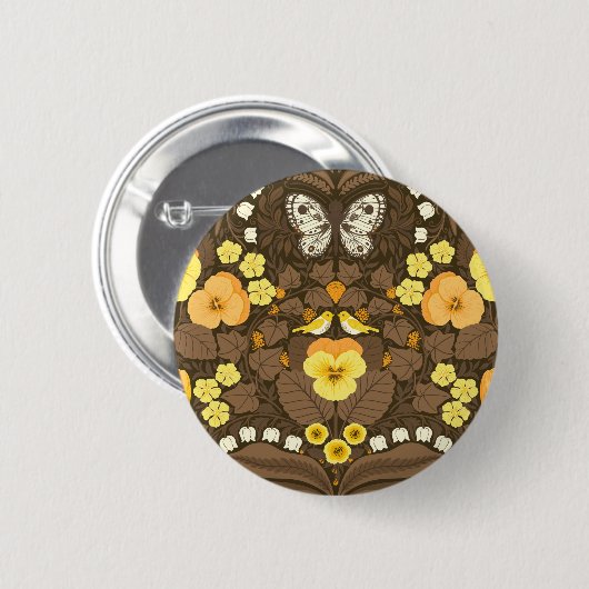 Gele pansies, vogels en vlinders ronde button 5,7 cm (Voorkant /achterkant)