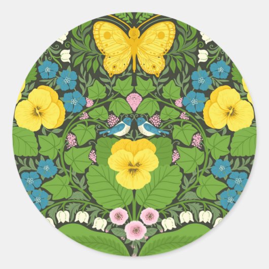 Gele pansies, vogels en vlinders ronde sticker (Voorkant)