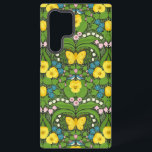 Gele pansies, vogels en vlinders samsung galaxy hoesje<br><div class="desc">Handgeschilderd tuinbehang met pansieën,  leugens,  bloeiende harten bloemen,  bladeren,  vogels en vlinders,  naadloos patroon</div>