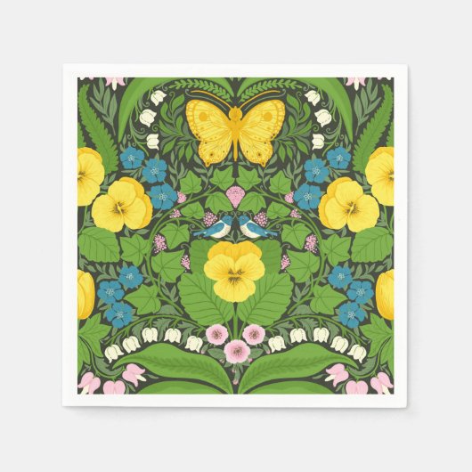 Gele pansies, vogels en vlinders servet (Voorkant)