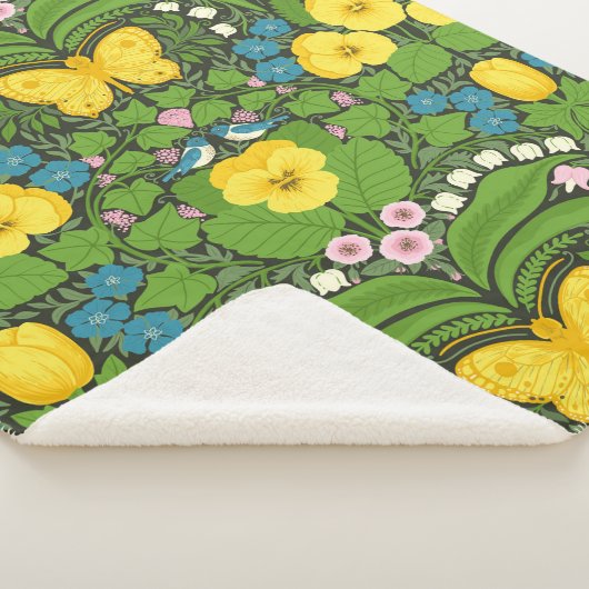 Gele pansies, vogels en vlinders sherpa deken (3/4)