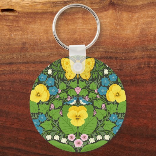 Gele pansies, vogels en vlinders sleutelhanger (Voorkant)
