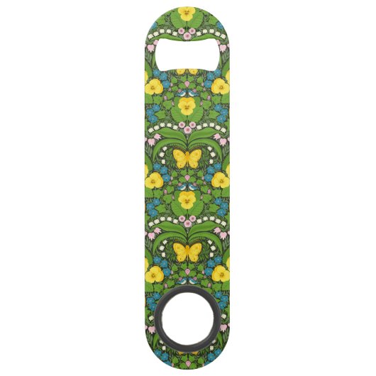 Gele pansies, vogels en vlinders speed flessenopener (Voorkant)