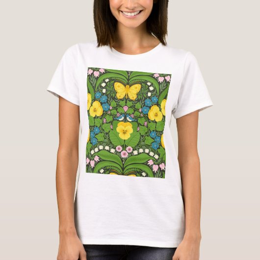 Gele pansies, vogels en vlinders t-shirt (Voorkant)