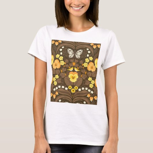 Gele pansies, vogels en vlinders t-shirt (Voorkant)