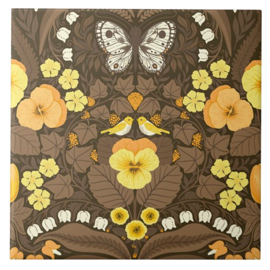 Gele pansies, vogels en vlinders tegeltje (Voorkant)