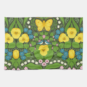 Gele pansies, vogels en vlinders theedoek