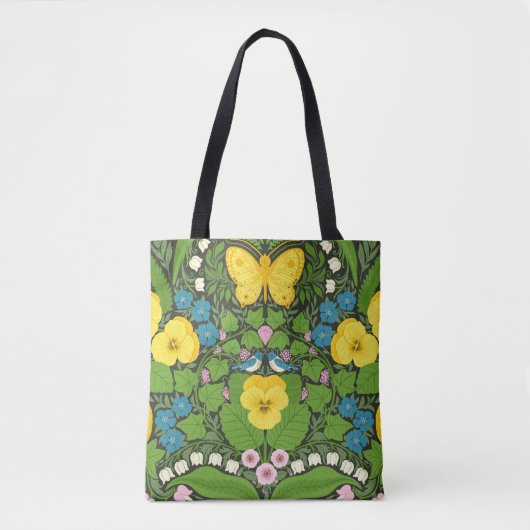 Gele pansies, vogels en vlinders tote bag (Voorkant)