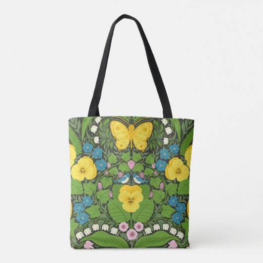 Gele pansies, vogels en vlinders tote bag (Achterkant)