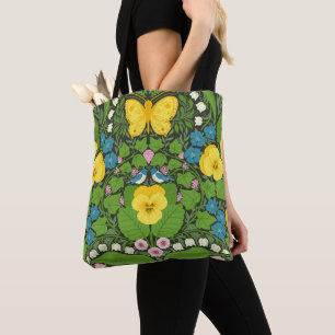 Gele pansies, vogels en vlinders tote bag