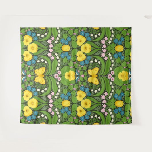 Gele pansies, vogels en vlinders wandkleed (Voorkant (horizontaal))