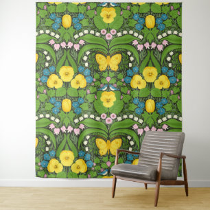 Gele pansies, vogels en vlinders wandkleed