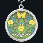 Gele pansies, vogels en vlinders zilver vergulden ketting<br><div class="desc">Handgeschilderd tuinbehang met pansieën,  leugens,  bloeiende harten bloemen,  bladeren,  vogels en vlinders,  naadloos patroon</div>