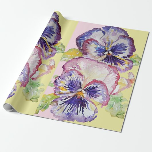 Gele Pansy Pink Yellow Spring flower Waterverf Cadeaupapier (Uitgerold)