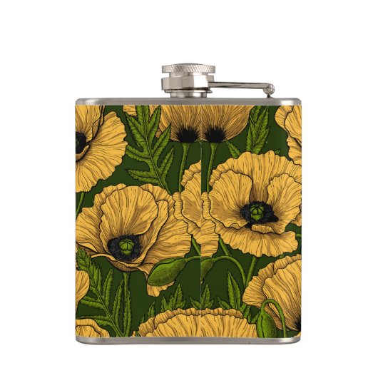 Gele papaver op donkergroen heupfles (Achterkant)