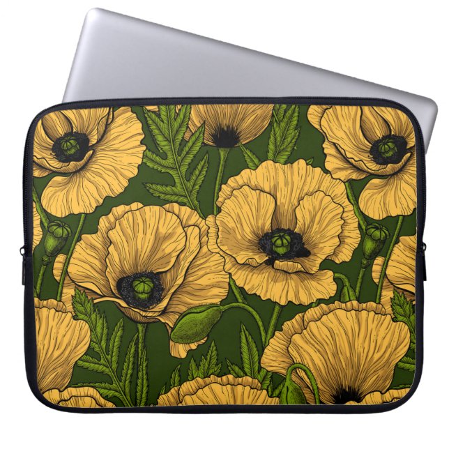 Gele papaver op donkergroen laptop sleeve (Voorkant)