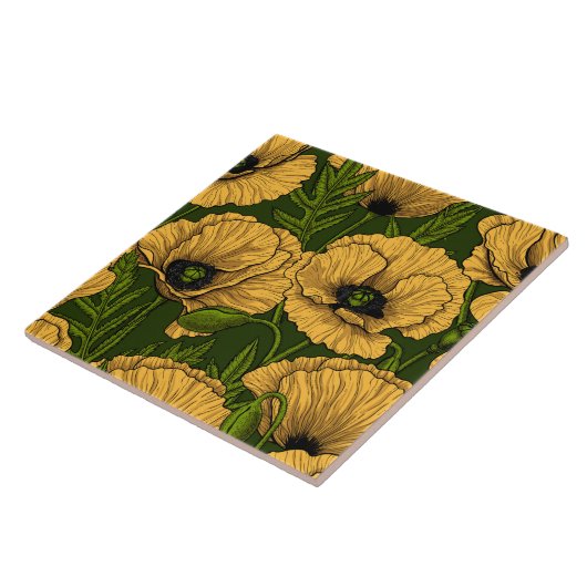 Gele papaver op donkergroen tegeltje (Zijkant)