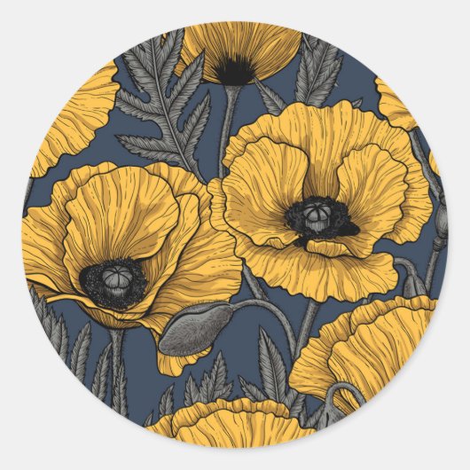 Gele papaver op zee ronde sticker (Voorkant)