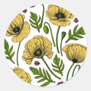 Gele papavers en ladybugs ronde sticker